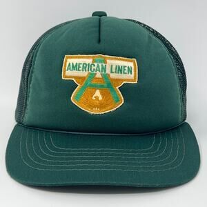 Vintage 80s American Linen Trucker Hat Baseball Cap 5 Panel Mesh Snapback Green